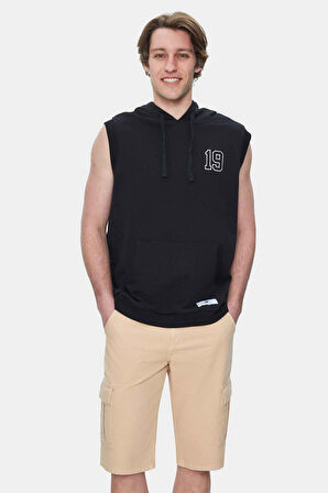 HEWITT Siyah Nakışlı Sıfır Kol Sweatshırt  Oversize  Erkek Sweatshirt