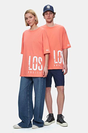 IGNISO Sıcak Pembe Bisiklet Yaka Baskılı Oversize  Erkek Tshirt