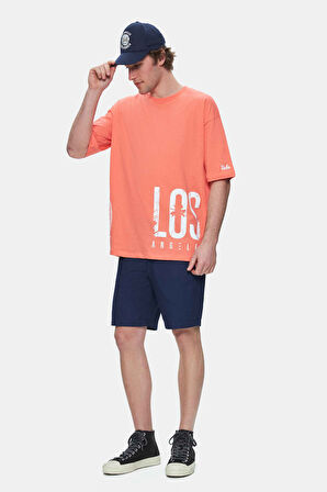 IGNISO Sıcak Pembe Bisiklet Yaka Baskılı Oversize  Erkek Tshirt