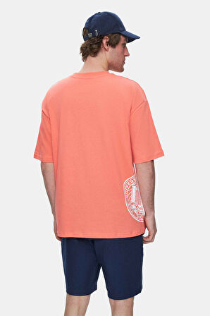 IGNISO Sıcak Pembe Bisiklet Yaka Baskılı Oversize  Erkek Tshirt
