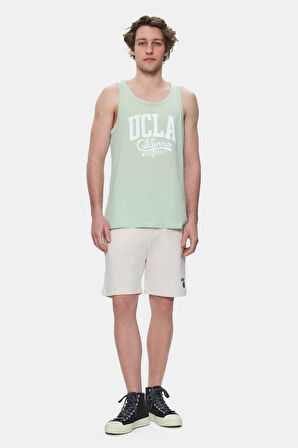 PEBBLE Duman Yeşili Sıfır Kol Baskılı Oversize  Erkek Tshirt