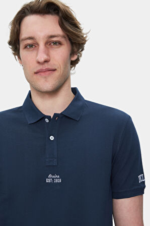 QUINTON Lacivert Polo Yaka Nakışlı Standard Fit Erkek Tshirt