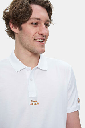 QUINTON Beyaz Polo Yaka Nakışlı Standard Fit Erkek Tshirt