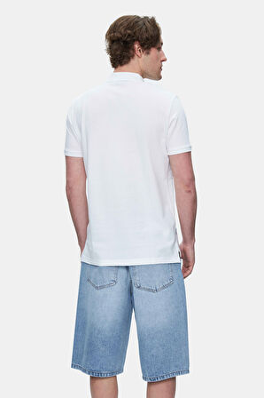 QUINTON Beyaz Polo Yaka Nakışlı Standard Fit Erkek Tshirt