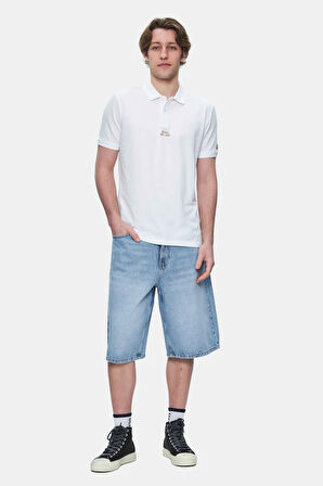 QUINTON Beyaz Polo Yaka Nakışlı Standard Fit Erkek Tshirt
