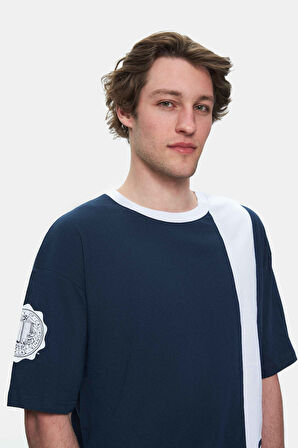 KEITH Lacivert Bisiklet Yaka Baskılı Oversize Erkek Tshirt