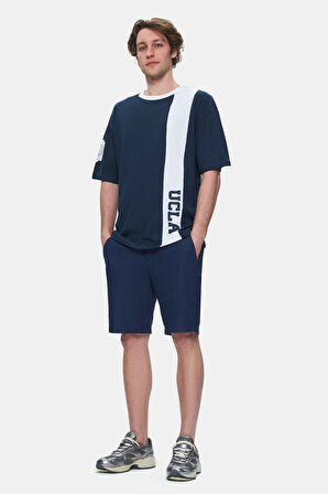 KEITH Lacivert Bisiklet Yaka Baskılı Oversize Erkek Tshirt