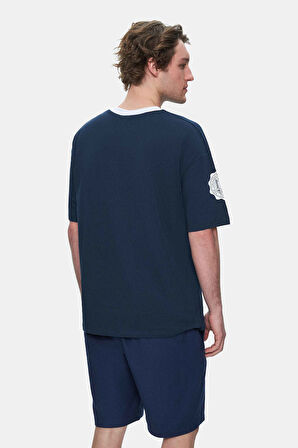 KEITH Lacivert Bisiklet Yaka Baskılı Oversize Erkek Tshirt