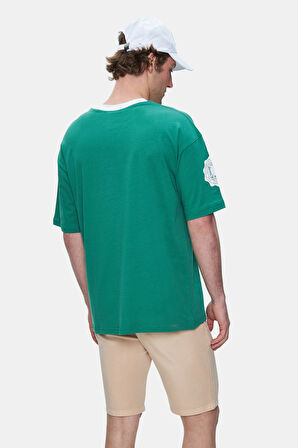 KEITH Yeşil Bisiklet Yaka Baskılı Oversize Erkek Tshirt