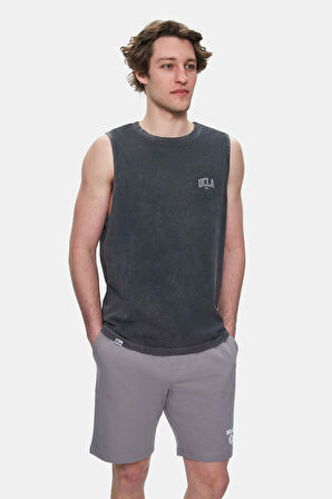 ELTON Siyah Bisiklet Yaka Sıfır Kol Yıkamalı Baskılı Oversize Erkek Tshirt