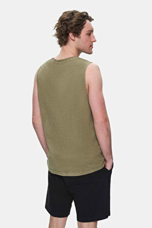 ELTON Koyu Haki Bisiklet Yaka Sıfır Kol Yıkamalı Baskılı Oversize Erkek Tshirt