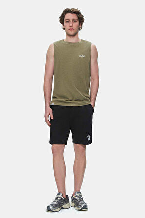 ELTON Koyu Haki Bisiklet Yaka Sıfır Kol Yıkamalı Baskılı Oversize Erkek Tshirt