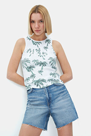 MAUVE Yeşil Baskılı Sıfır Kol Standard Fit Kadın Tshirt