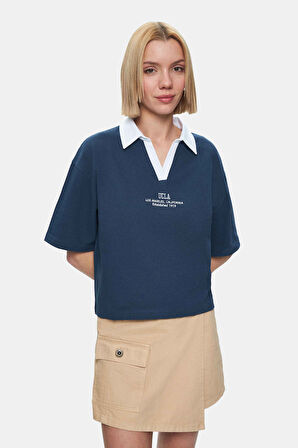 POLLY Lacivert Polo Yaka Nakışlı Loose Fit Kadın Tshirt