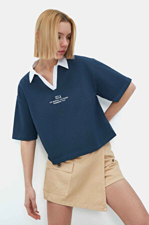 POLLY Lacivert Polo Yaka Nakışlı Loose Fit Kadın Tshirt