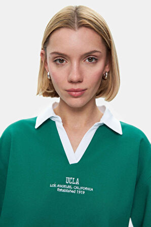 POLLY Yeşil Polo Yaka Nakışlı Loose Fit Kadın Tshirt