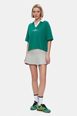 POLLY Yeşil Polo Yaka Nakışlı Loose Fit Kadın Tshirt