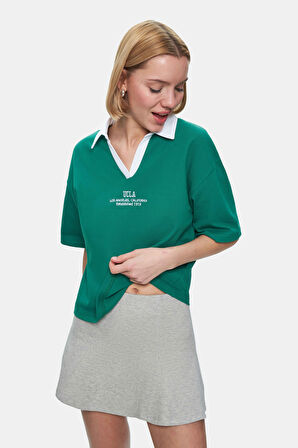 POLLY Yeşil Polo Yaka Nakışlı Loose Fit Kadın Tshirt