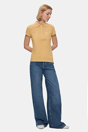 SHAVER Kahve Polo Yaka Nakışlı Standard Fit Kadın Tshirt