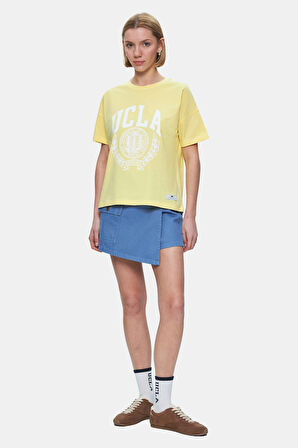 AVALON Açık Sarı Bisiklet Yaka Baskılı Oversize  Kadın Tshirt