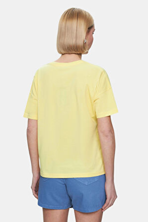 AVALON Açık Sarı Bisiklet Yaka Baskılı Oversize  Kadın Tshirt