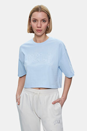 HELENA Gök Mavi Bisiklet Yaka Nakışlı Oversize  Kadın Tshirt