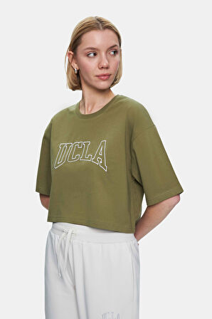 HELENA Yeşil Bisiklet Yaka Nakışlı Oversize  Kadın Tshirt