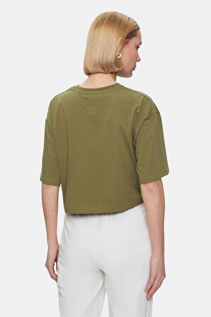 HELENA Yeşil Bisiklet Yaka Nakışlı Oversize  Kadın Tshirt