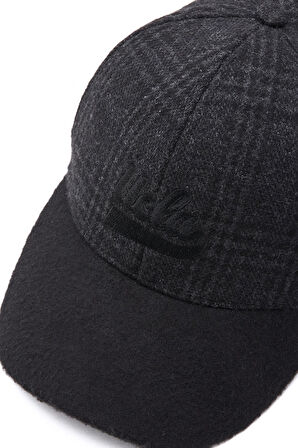 LOGAN Siyah Baseball Cap Ekoseli Kaşe Nakışlı ve Metal Tokalı Standard Fit Unisex Şapka