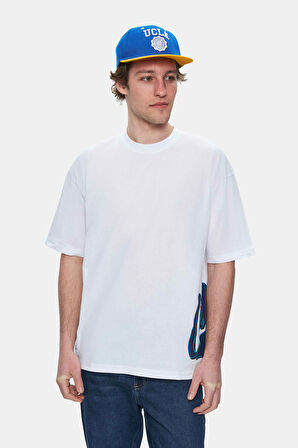 ROSCOE Beyaz Bisiklet Yaka Baskılı Oversize Erkek Tshirt