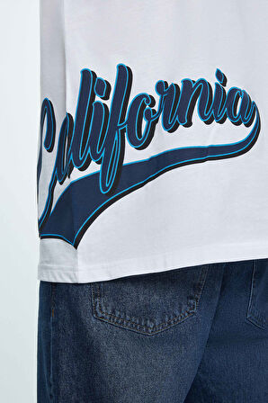 ROSCOE Beyaz Bisiklet Yaka Baskılı Oversize Erkek Tshirt