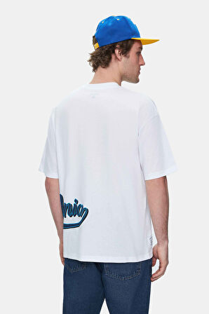 ROSCOE Beyaz Bisiklet Yaka Baskılı Oversize Erkek Tshirt