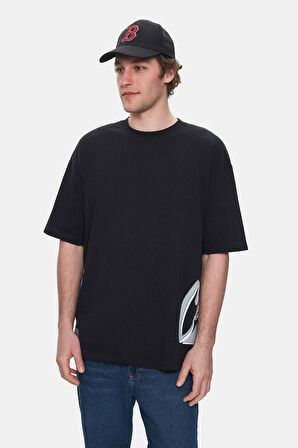 ROSCOE Siyah Bisiklet Yaka Baskılı Oversize Erkek Tshirt