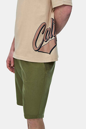 ROSCOE Sütlü Kahve Bisiklet Yaka Baskılı Oversize Erkek Tshirt