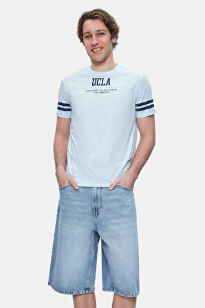 STARK Gök Mavi Kolu Şeritli Bisiklet Yaka Baskılı Standard Fit Erkek Tshirt