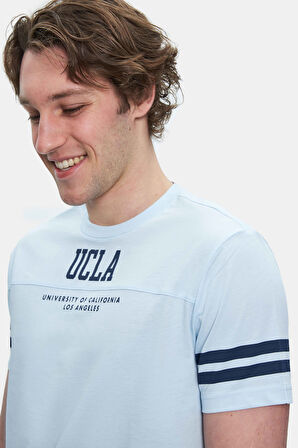 STARK Gök Mavi Kolu Şeritli Bisiklet Yaka Baskılı Standard Fit Erkek Tshirt