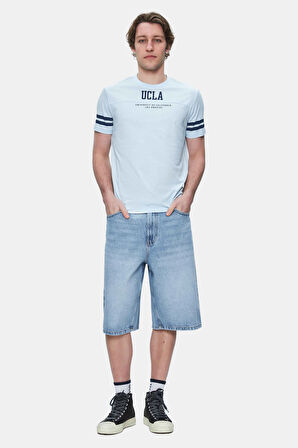 STARK Gök Mavi Kolu Şeritli Bisiklet Yaka Baskılı Standard Fit Erkek Tshirt