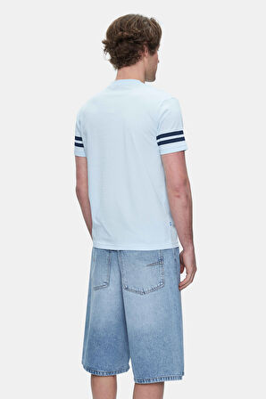 STARK Gök Mavi Kolu Şeritli Bisiklet Yaka Baskılı Standard Fit Erkek Tshirt