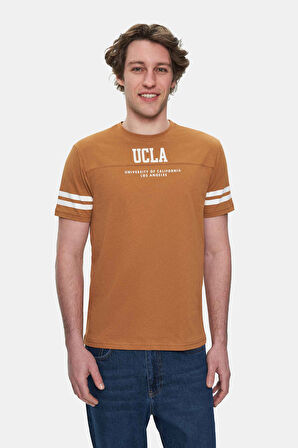 STARK Kahve Kolu Şeritli Bisiklet Yaka Baskılı Standard Fit Erkek Tshirt