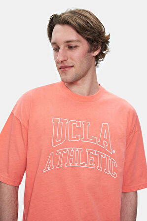 WEBSTER Sıcak Pembe Bisiklet Yaka Baskılı Oversize Erkek Tshirt