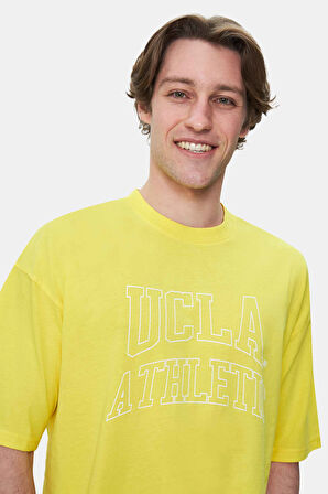 WEBSTER Açık Sarı Bisiklet Yaka Baskılı Oversize Erkek Tshirt