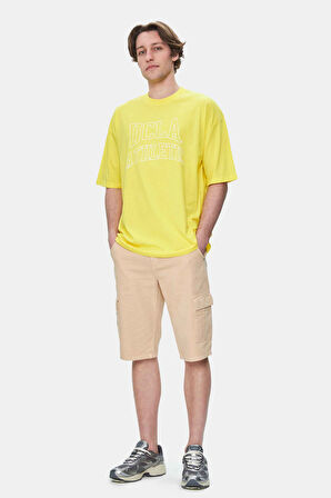 WEBSTER Açık Sarı Bisiklet Yaka Baskılı Oversize Erkek Tshirt