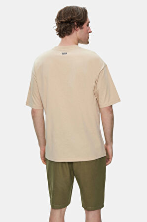 WEBSTER Sütlü Kahve Bisiklet Yaka Baskılı Oversize Erkek Tshirt