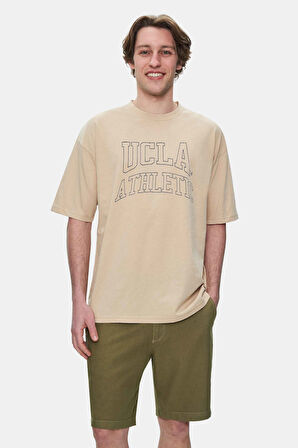 WEBSTER Sütlü Kahve Bisiklet Yaka Baskılı Oversize Erkek Tshirt
