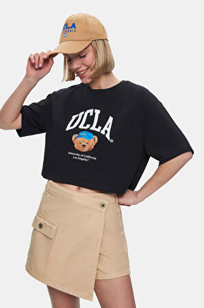 CARLY Siyah Bisiklet Yaka Crop Baskılı Loose Fit Kadın Tshirt