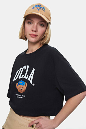 CARLY Siyah Bisiklet Yaka Crop Baskılı Loose Fit Kadın Tshirt