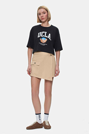 CARLY Siyah Bisiklet Yaka Crop Baskılı Loose Fit Kadın Tshirt