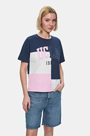 FLORES Lacivert Bisiklet Yaka Aplike Nakışlı Loose Fit Kadın Tshirt