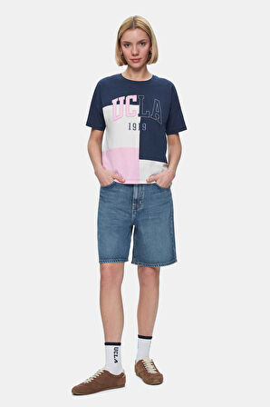 FLORES Lacivert Bisiklet Yaka Aplike Nakışlı Loose Fit Kadın Tshirt