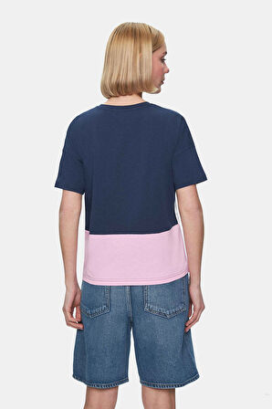 FLORES Lacivert Bisiklet Yaka Aplike Nakışlı Loose Fit Kadın Tshirt
